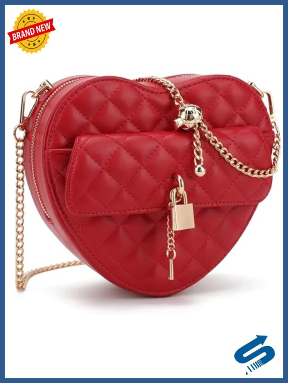 Vegan Leather Heart Shape Crossbody Bag with Chain Strap, Zip Closure